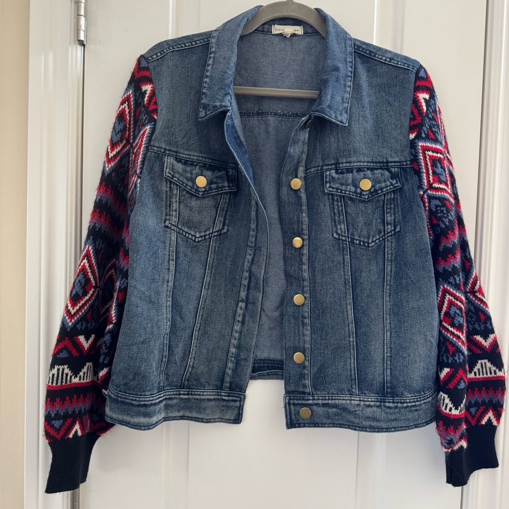 Stevie Hender Mixed Media Denim Jacket L Knit Balloon Sleeves Western Aztec Boho - Picture 1 of 10